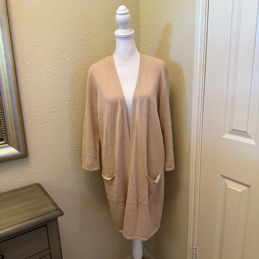 Preston & York Tan 3/4 Sleeve Open Front Fine Gauge Cardigan Sweater Duster M